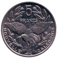 Птица кагу. Монета 5 франков. 1986 год, Новая Каледония. UNC.