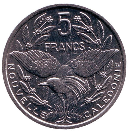 Монета 5 франков. 1986 год, Новая Каледония. UNC. Птица кагу.
