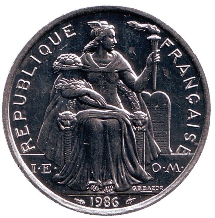 Монета 5 франков. 1986 год, Новая Каледония. UNC. Птица кагу.