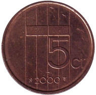 Монета 5 центов. 2000 год, Нидерланды. Монета 5 центов. 2000 год, Нидерланды.