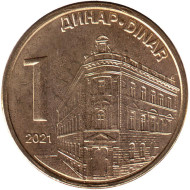 Монета 1 динар. 2021 год, Сербия. UNC. Центральный банк Сербии. Монета 1 динар. 2021 год, Сербия. UNC. Центральный банк Сербии.