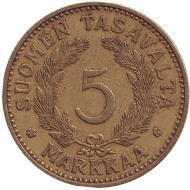 Монета 5 марок. 1937 год, Финляндия. Монета 5 марок. 1937 год, Финляндия.