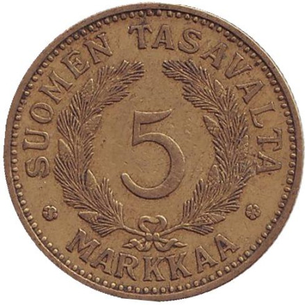 Монета 5 марок. 1937 год, Финляндия.