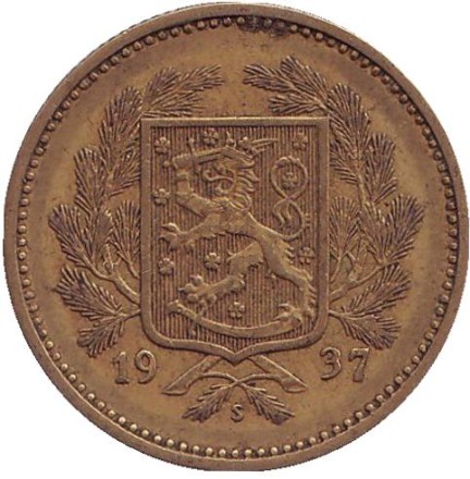 Монета 5 марок. 1937 год, Финляндия.