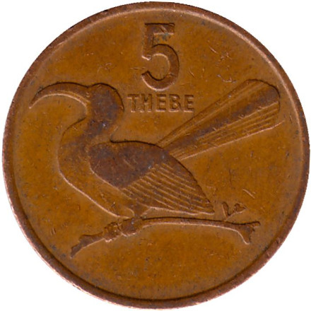 Монета 5 тхебе. 1989 год, Ботсвана. Птица-носорог.