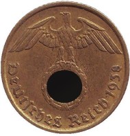 Монета 5 рейхспфеннигов. 1938 год, Германия (Третий Рейх). (A). Монета 5 рейхспфеннигов. 1938 год, Германия (Третий Рейх). (A).