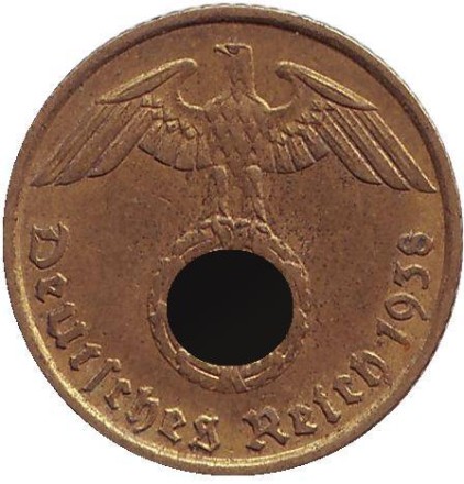 Монета 5 рейхспфеннигов. 1938 год, Германия (Третий Рейх). (A). Монета 5 рейхспфеннигов. 1938 год, Германия (Третий Рейх). (A).