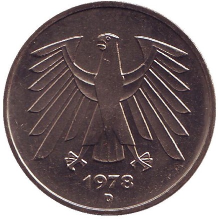 Монета 5 марок. 1978 год (D), ФРГ. Монета 5 марок. 1978 год (D), ФРГ.