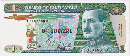 Банкнота 1 кетцаль. 1989 год, Гватемала. Хусто Руфино Барриос Ауйон.