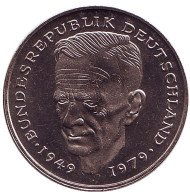 Монета 2 марки. 1982 год (F), ФРГ. Курт Шумахер. Монета 2 марки. 1982 год (F), ФРГ. Курт Шумахер.