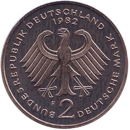 Монета 2 марки. 1982 год (F), ФРГ. Курт Шумахер. Монета 2 марки. 1982 год (F), ФРГ. Курт Шумахер.