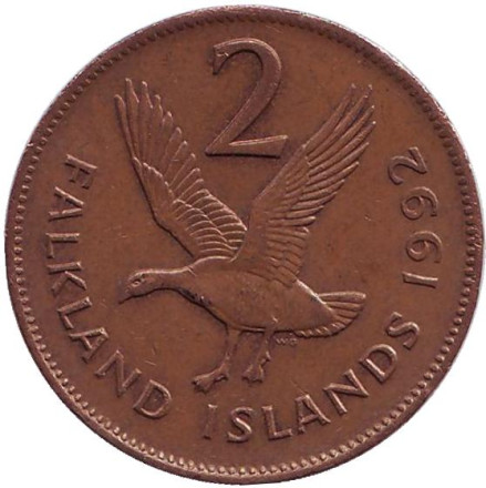 Монета 2 пенса. 1992 год, Фолклендские острова. Магелланов гусь.