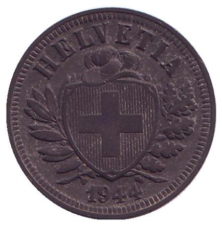 Монета 2 раппена. 1944 год, Швейцария. Монета 2 раппена. 1944 год, Швейцария.
