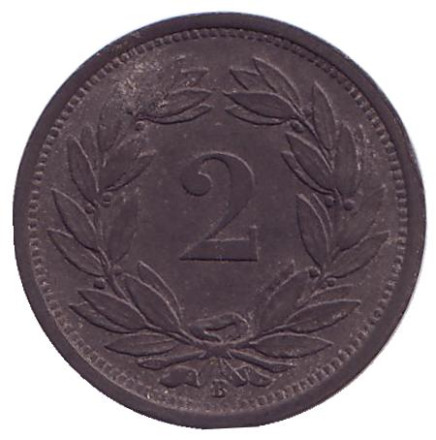 Монета 2 раппена. 1944 год, Швейцария.