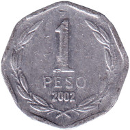 Монета 1 песо. 2002 год, Чили. Бернардо О’Хиггинс. Монета 1 песо. 2002 год, Чили. Бернардо О’Хиггинс.