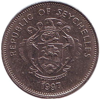 Монета 25 центов. 1997 год, Сейшельские острова. (немагнитная) Попугай. Монета 25 центов. 1997 год, Сейшельские острова. (немагнитная) Попугай.