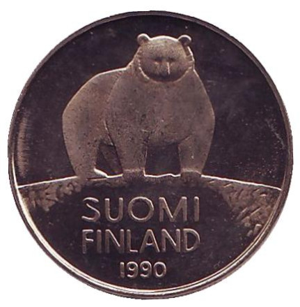 Монета 50 пенни. 1990 год, Финляндия. UNC. Медведь.