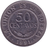 Монета 50 сентаво. 1991 год, Боливия. Монета 50 сентаво. 1991 год, Боливия.