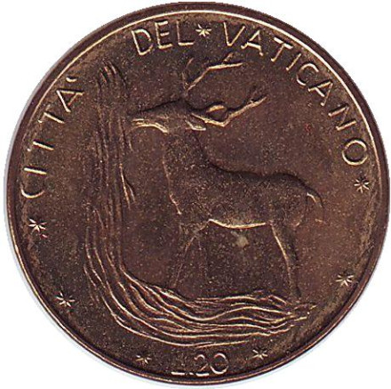Монета 20 лир. 1975 год, Ватикан. Благородный олень.