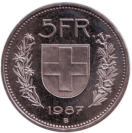 Монета 5 франков. 1987 год, Швейцария. UNC. Вильгельм Телль. Монета 5 франков. 1987 год, Швейцария. UNC. Вильгельм Телль.
