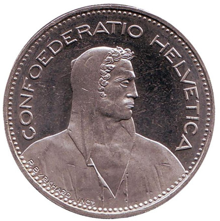 Монета 5 франков. 1987 год, Швейцария. UNC. Вильгельм Телль.
