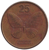 Монета 25 сентимо. 1988 год, Филиппины. Бабочка. Монета 25 сентимо. 1988 год, Филиппины. Бабочка.