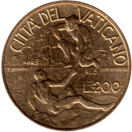 Монета 200 лир. 1998 год, Ватикан. Рука помощи.