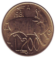 Монета 200 лир. 1981 год, Сан-Марино. FAO. Животное. Монета 200 лир. 1981 год, Сан-Марино. FAO. Животное.