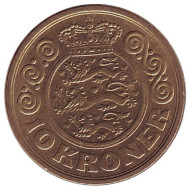 Монета 10 крон. 1989 год, Дания. Монета 10 крон. 1989 год, Дания.