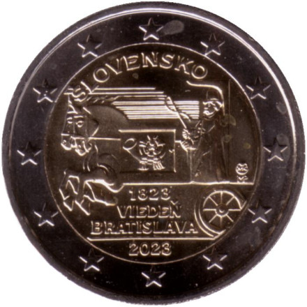 Монета 2 евро. 2023 год, Словакия. 200 лет со дня открытия конной почты на маршруте Вена-Братислава.