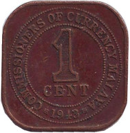 Монета 1 цент. 1943 год, Британская Малайя. Монета 1 цент. 1943 год, Британская Малайя.