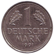 Монета 1 марка. 1991 год (F), ФРГ. Монета 1 марка. 1991 год (F), ФРГ.