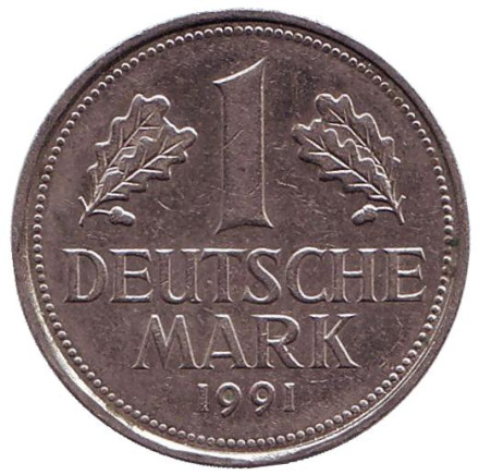 Монета 1 марка. 1991 год (F), ФРГ. Из обращения.