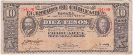 Банкнота 10 песо. 1914 год, Мексика (Штат Чиуауа). Красная круглая печать. S533c. №354890.