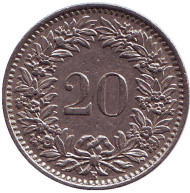Монета 20 раппенов. 1962 год, Швейцария. Монета 20 раппенов. 1962 год, Швейцария.