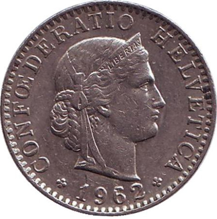 Монета 20 раппенов. 1962 год, Швейцария.