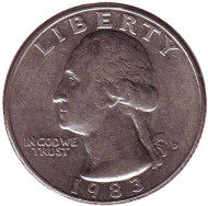 Монета 25 центов. 1983 (D) год, США. Вашингтон. Монета 25 центов. 1983 (D) год, США. Вашингтон.