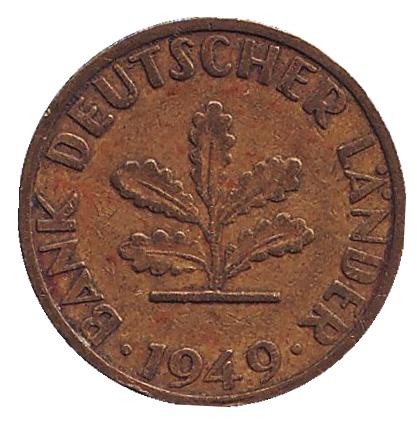 Монета 5 пфеннигов. 1949 год (F), ФРГ. Дубовые листья.