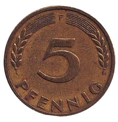 Монета 5 пфеннигов. 1949 год (F), ФРГ. Дубовые листья.