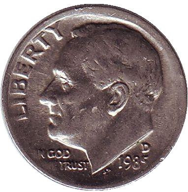 Монета 10 центов. 1985 (D) год, США. Рузвельт.