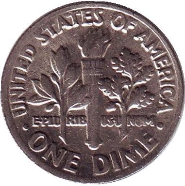 Монета 10 центов. 1985 (D) год, США. Рузвельт. Монета 10 центов. 1985 (D) год, США. Рузвельт.