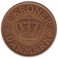 Монета 2 кроны. 1925 год, Дания. Кристиан X. Монета 2 кроны. 1925 год, Дания. Кристиан X.
