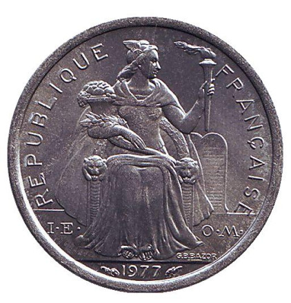 Монета 1 франк. 1977 год, Новая Каледония. UNC. Птица кагу.