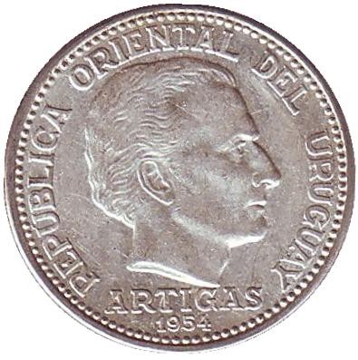 Монета 20 сентесимо. 1954 год, Уругвай.