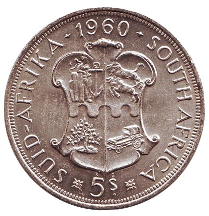Монета 5 шиллингов. 1960 год, ЮАР. 50 лет Южноафриканскому союзу. Монета 5 шиллингов. 1960 год, ЮАР. 50 лет Южноафриканскому союзу.