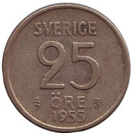Монета 25 эре. 1955 год, Швеция. Монета 25 эре. 1955 год, Швеция.