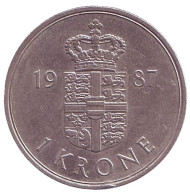 Монета 1 крона. 1987 год, Дания. Монета 1 крона. 1987 год, Дания.