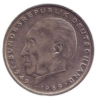 Монета 2 марки. 1976 год (D), ФРГ. Конрад Аденауэр. Монета 2 марки. 1976 год (D), ФРГ. Конрад Аденауэр.