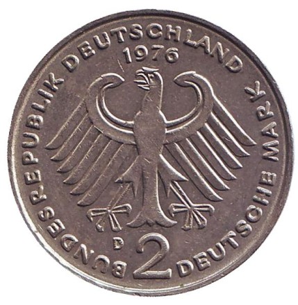 Монета 2 марки. 1976 год (D), ФРГ. Конрад Аденауэр. Монета 2 марки. 1976 год (D), ФРГ. Конрад Аденауэр.
