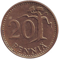 Монета 20 пенни. 1977 год, Финляндия. Монета 20 пенни. 1977 год, Финляндия.